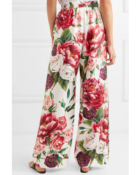 Dolce & Gabbana Floral Print Silk Twill Wide Leg Pants