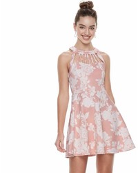 Juniors Three Pink Hearts Floral Puff Scuba Caged Skater Dress