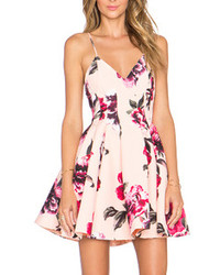 Pink Spaghetti Strap Backless Floral Print Flare Dress