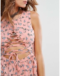 Sacred Hawk Festival Skater Dress With Lace Up Front In Floral