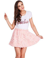 Romwe Faux Roses Embellished Pink Skirt