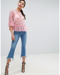 Asos Mesh Tee With Floral Embellisht