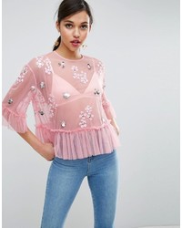Asos Mesh Tee With Floral Embellisht