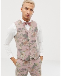 ASOS DESIGN Skinny Suit Waistcoat In Printed Pink Floral Wool Mix