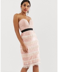 Rare London Sequin Fringe Midi Dress With Sweetheart Neckline In Pink