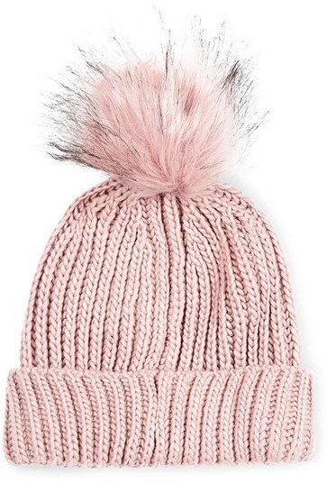 Topshop knitted fur pom pom beanie in dusky pink