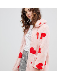 Daisy Street Coat With All Over Hearts In Faux Fur