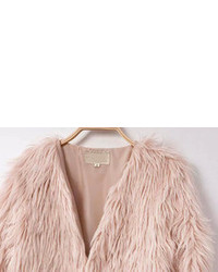 Collarless Buckled Faux Fur Pink Coat