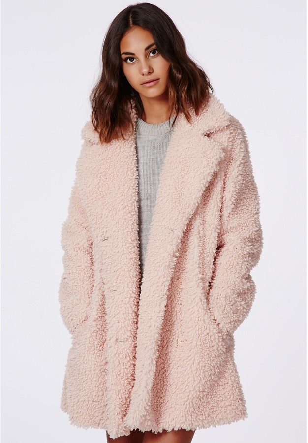 Missguided Celine Oversized Curly Wool Coat Pink, $60 | Missguided ...