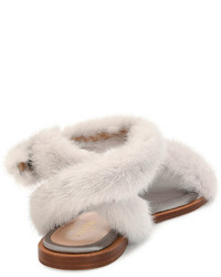 Valentino Garavani Flat Mink Fur Ankle Wrap Sandal