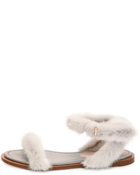 Valentino Garavani Flat Mink Fur Ankle Wrap Sandal