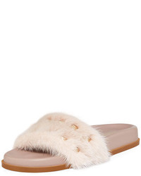 Valentino Garavani Rockstud Flat Fur Slide Sandal