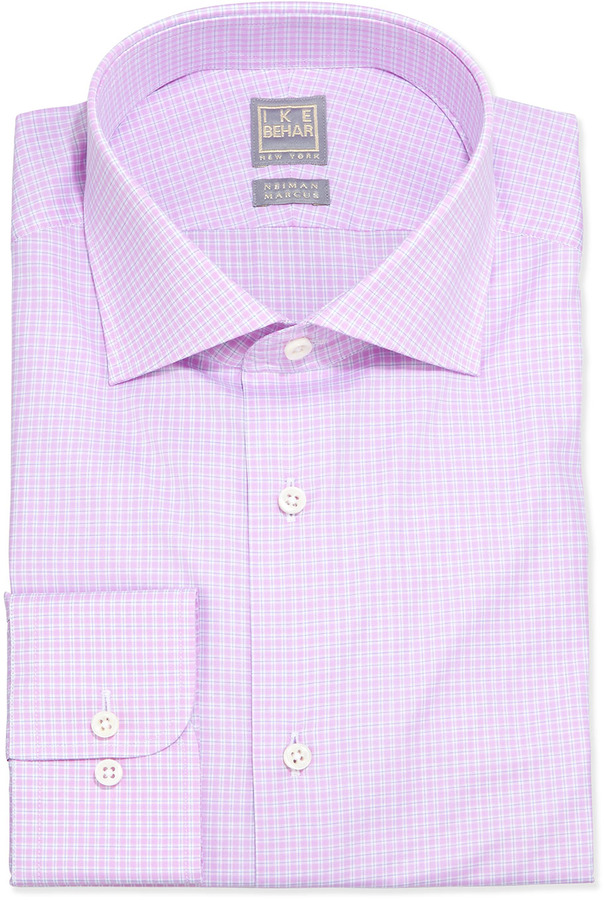Ike Behar Micro Check Poplin Dress Shirt Pink, $245 | Neiman