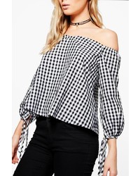 Boohoo Grace Gingham Off The Shoulder Woven Top