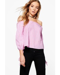 Boohoo Grace Gingham Off The Shoulder Woven Top