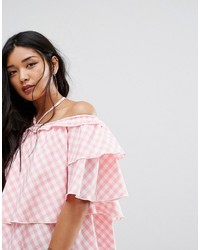 Missguided Off The Shoulder Gingham Ruffle Top