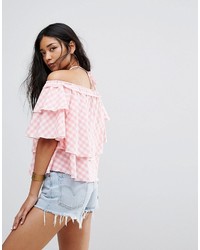 Missguided Off The Shoulder Gingham Ruffle Top
