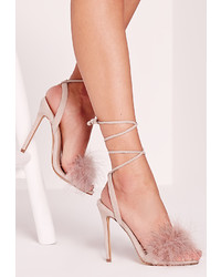 Missguided Lace Up Feather Heeled Sandals Nude