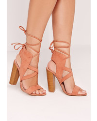 Missguided Cross Strap Lace Back Block Heeled Sandals Pink