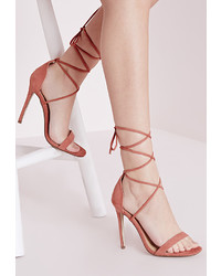 Missguided Lace Up Barely There Heeled Sandals Pink