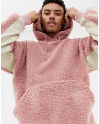 ASOS DESIGN Oversized Hoodie In Pink Borg With Contrast Ribs
