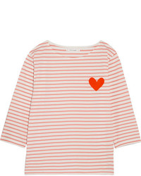 Chinti and Parker Velvet Appliqud Striped Cotton Jersey Top Pink