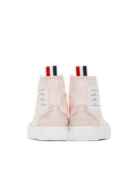 Thom Browne Pink And White Striped Brogued High Top Sneakers