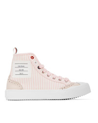 Thom Browne Pink And White Striped Brogued High Top Sneakers
