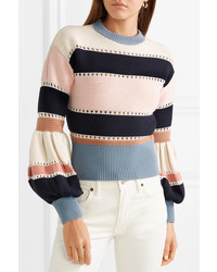 Self-Portrait Striped Ribbed Cotton And Wool Blend Sweater