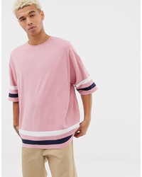 ASOS DESIGN Oversized T Shirt With Sleeve And Hem Stripe In Pink