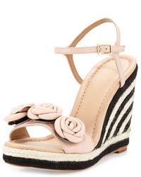 Pink Horizontal Striped Leather Wedge Sandals