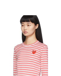 Comme Des Garcons Play Pink And White Striped Heart Patch Long Sleeve T Shirt