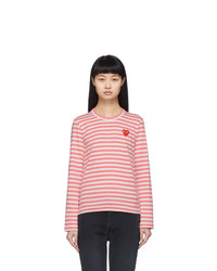 Comme Des Garcons Play Pink And White Striped Heart Patch Long Sleeve T Shirt