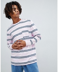 ASOS DESIGN Relaxed Long Sleeve T Shirt With Pink Stripe And Pocket