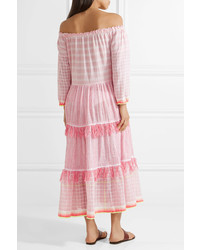 Lemlem Anan Off The Shoulder Striped Cotton Blend Gauze Midi Dress Pastel Pink