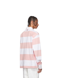 Thom Browne Pink And White 4 Bar Oversized Long Sleeve Polo