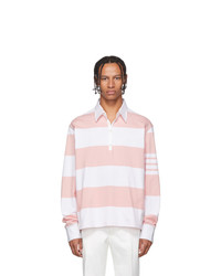 Thom Browne Pink And White 4 Bar Oversized Long Sleeve Polo
