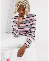 ASOS DESIGN Stripe Long Sleeve Velour Polo In Pink And Grey