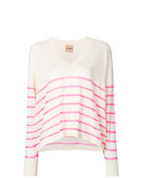 Pink Horizontal Striped V-neck Sweater