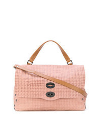 Pink Houndstooth Leather Tote Bag