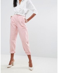 Asos Tapered Jeans With Curved Seams And Belt In Pink
