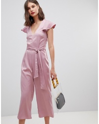 Warehouse Frill Sleeve Twist Back Jumpsuit In Pink