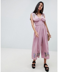 ASOS DESIGN Ruched Waist Plunge Jumpsuit With Embroidery
