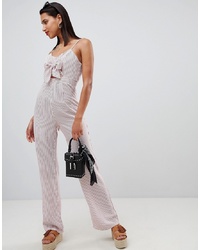 PrettyLittleThing Striped Bow Front Jumpsuit And White