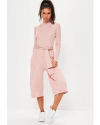 Missguided Pink High Neck Long Sleeve Belted Culotte Romper