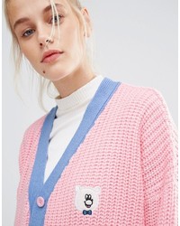 Lazy Oaf College Cardigan In Knitted Rib With Logo Back
