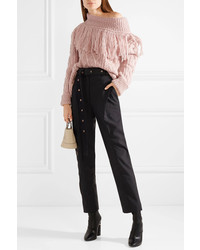 Philosophy di Lorenzo Serafini Fringed Off The Shoulder Cable Knit Alpaca Blend Sweater Baby Pink