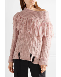 Philosophy di Lorenzo Serafini Fringed Off The Shoulder Cable Knit Alpaca Blend Sweater Baby Pink