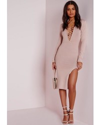 Missguided Pink Lace Up Knit Midi Sweater Dress