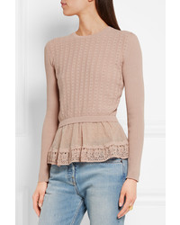 RED Valentino Redvalentino Point Desprit Trimmed Ribbed Pointelle Knit Cotton Sweater Antique Rose